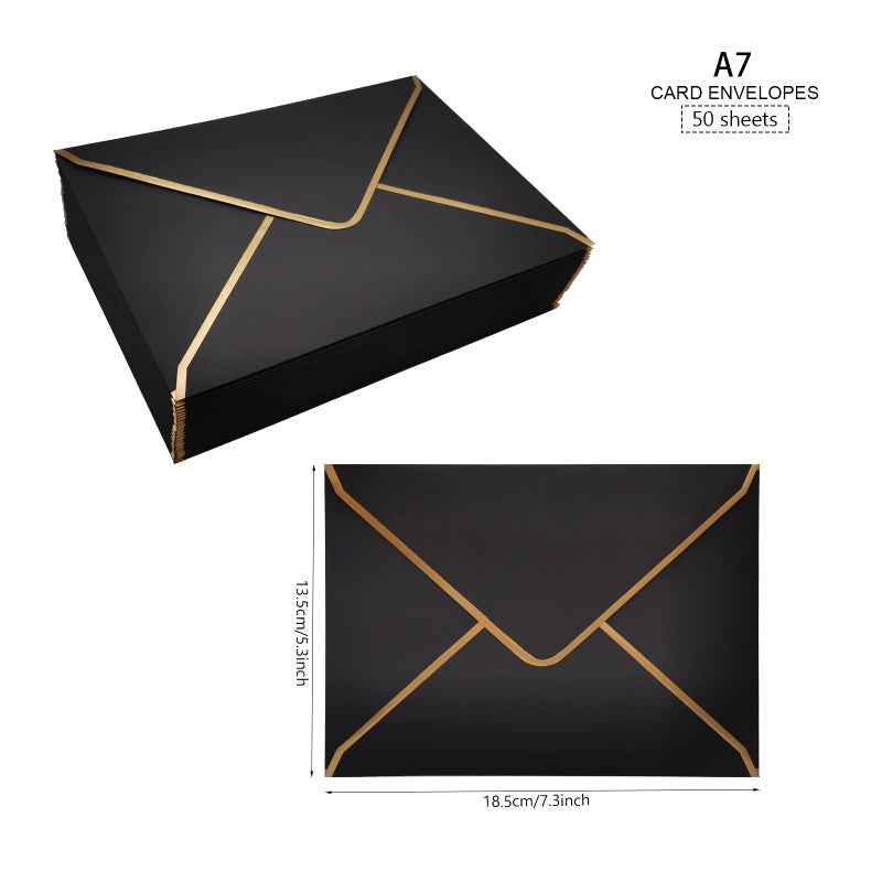 LYHLYA 50 PCS Invitation Envelopes A7 Size, Black Envelopes 5 x 7 Inch V-Flap Mailing Card Envelopes Quick Seal Envelopes with Gold Border for 5x7 Cards, Birthday, Weddings, Graduations, Greeting Cards - Image 3